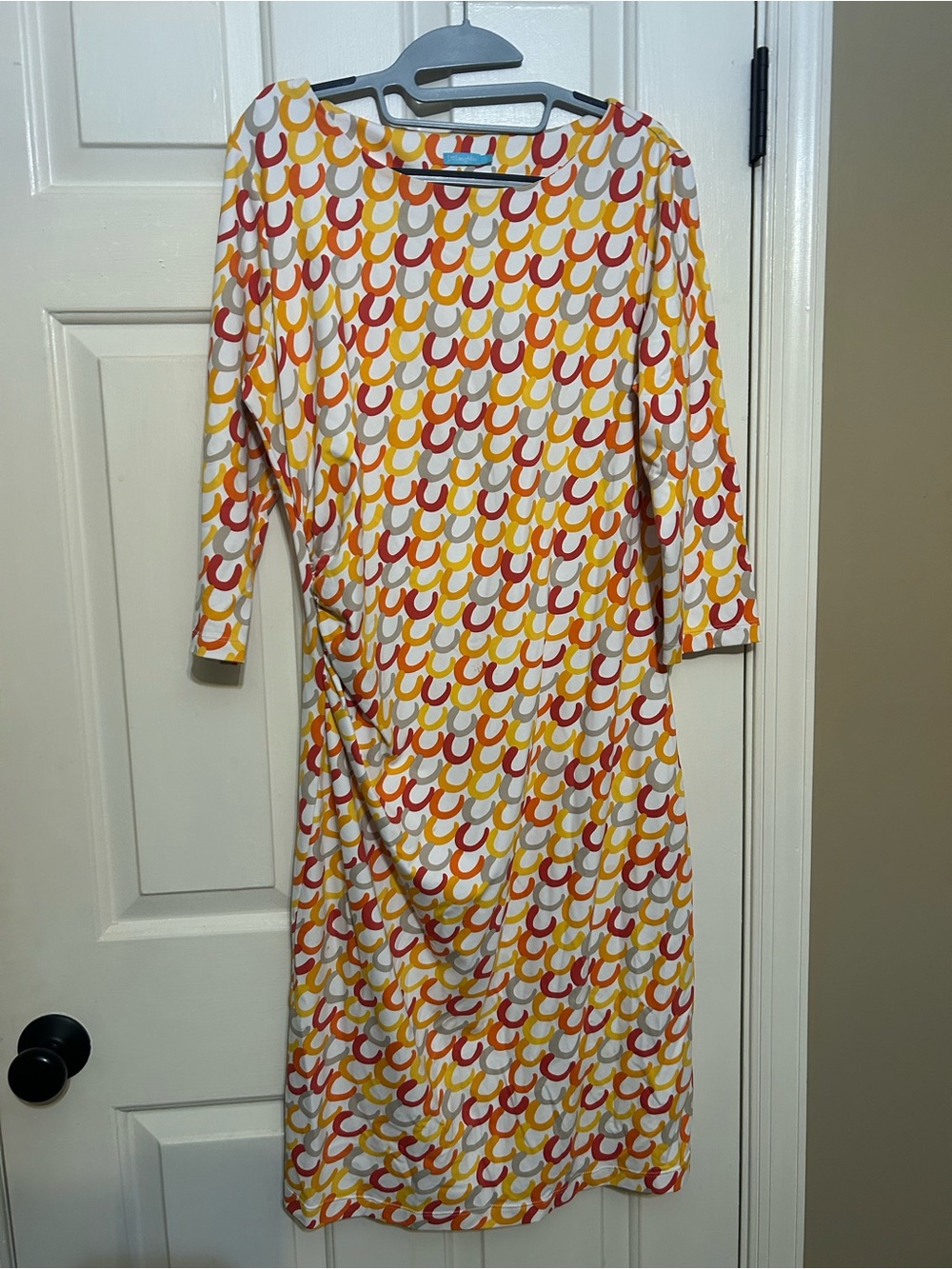 J. McLaughlin Dress Ruched Side Catalina Cloth Horseshoe Equestrian Print Large